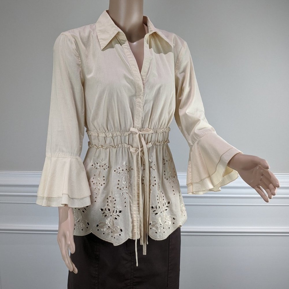 BANDOLINO Beige Tie Cinch Waist Cotton Top Flared Sleeves Size 4